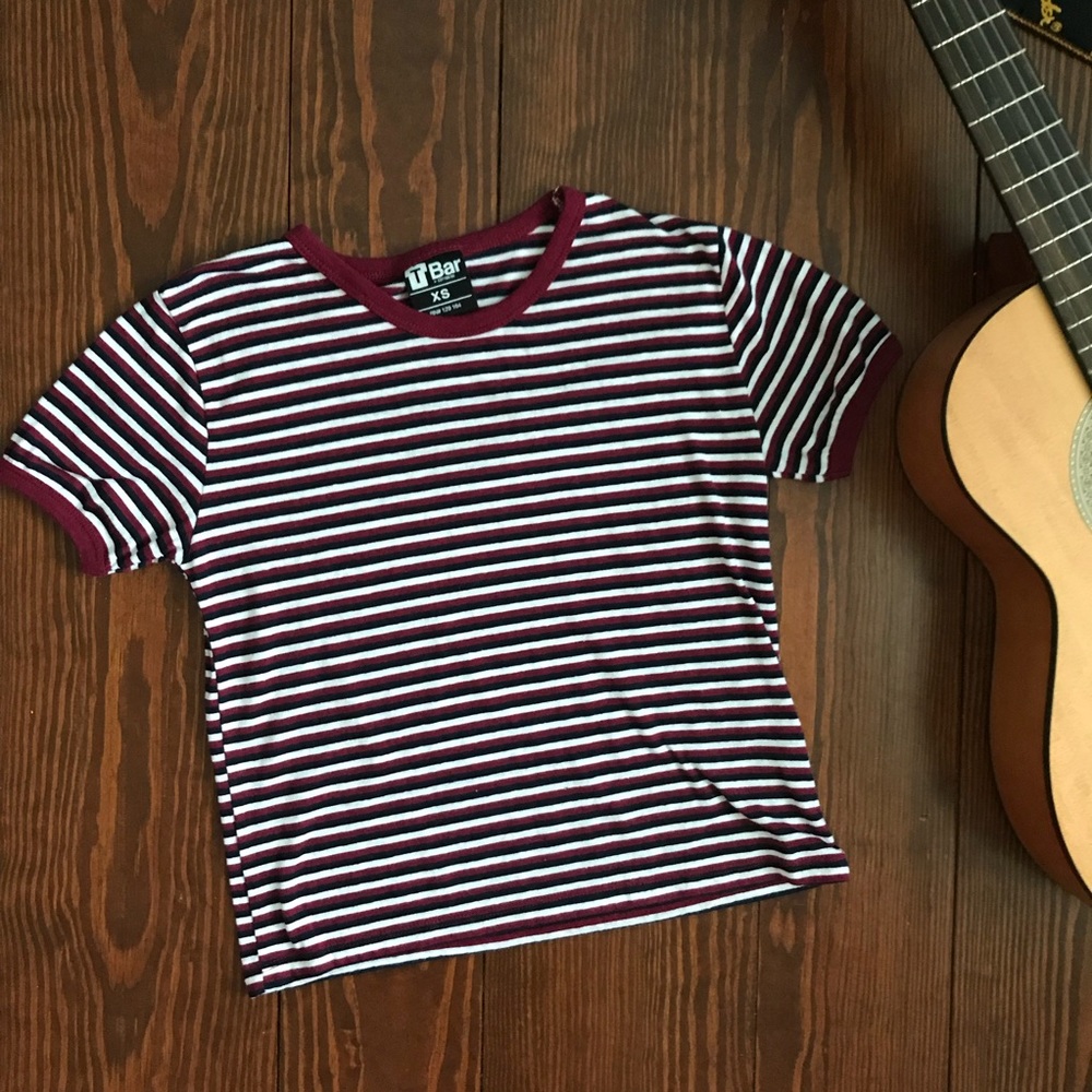 T Bar maroon navy and white stripped crop top